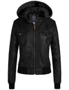 Women's Hooded Faux Leather Jacket Moto Biker Jacket WD