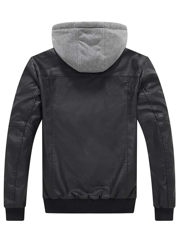 Wantdo Men's Faux Leather Bomber Jacket With Removable Hood - 2 Styles In One