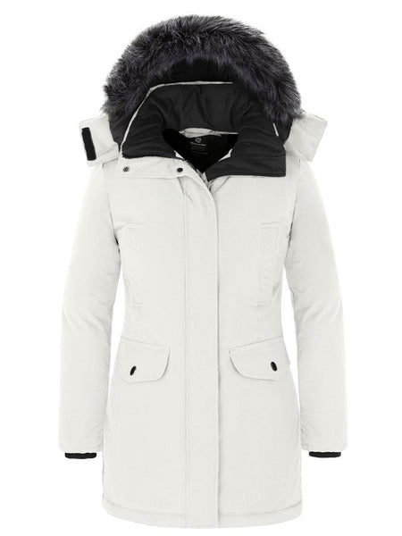 Women's Warm Winter Coat Long Puffer Jacket with Faux Fur Trimmed Hood