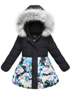ZSHOW ZSHOW Girls' Long Puffer Jacket Warm Hooded Outerwear Soft Fleece Lined Winter Coat Black & Flower Print 6-7 